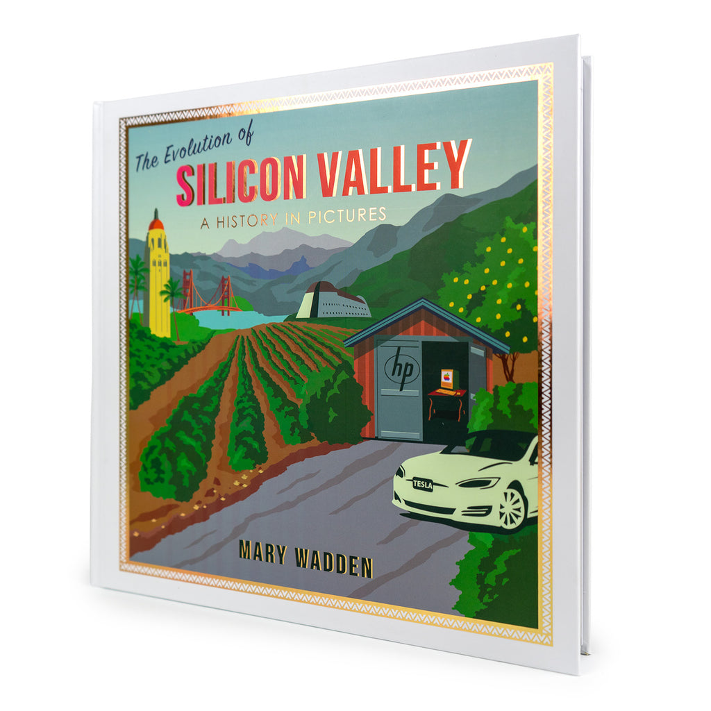 Book cover of 'The Evolution of Silicon Valley' by Mary Wadden with illustrations of a car, building, and landscape.