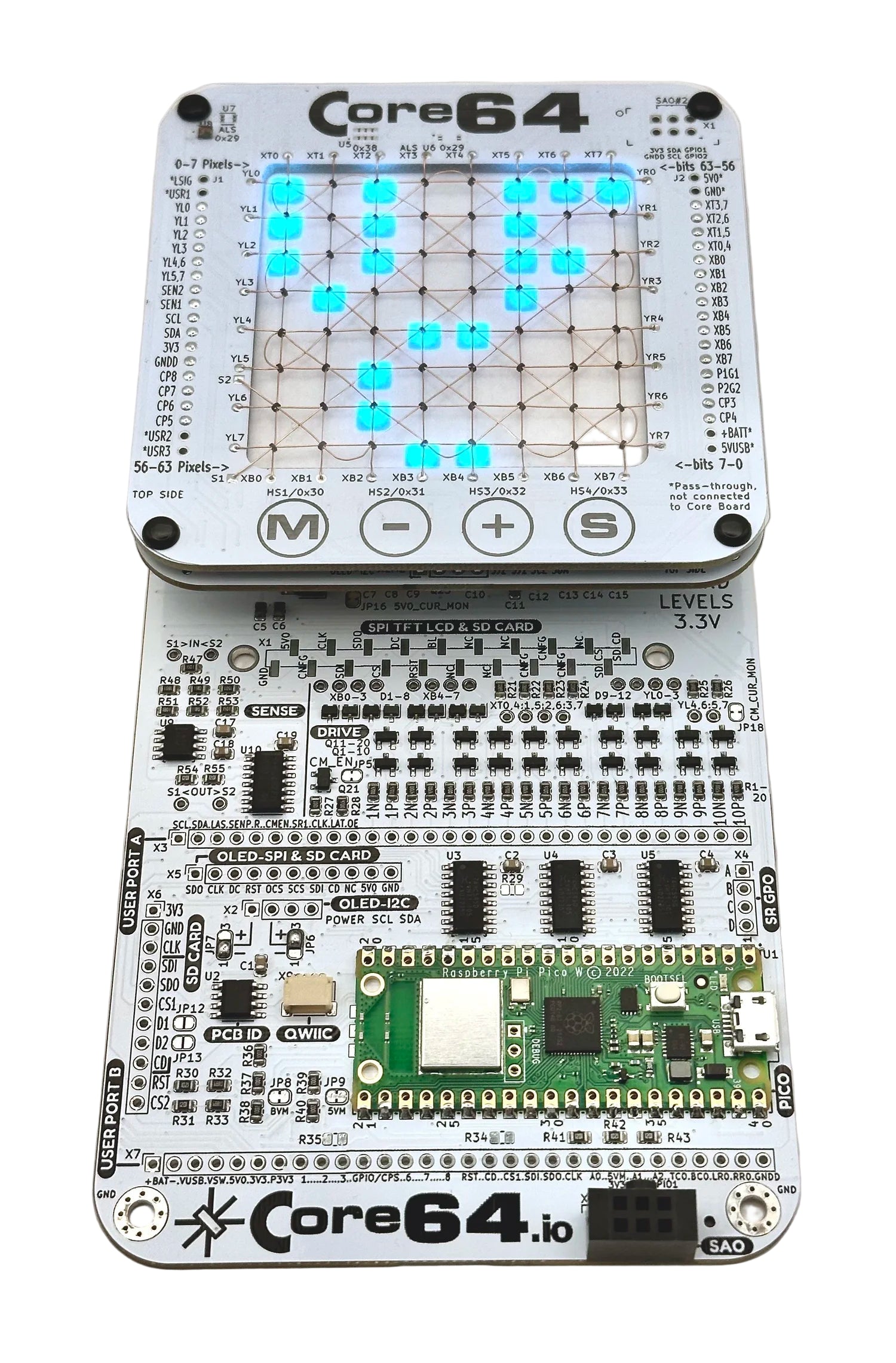 Core Memory component with digital display LED patterns and internals on a white background